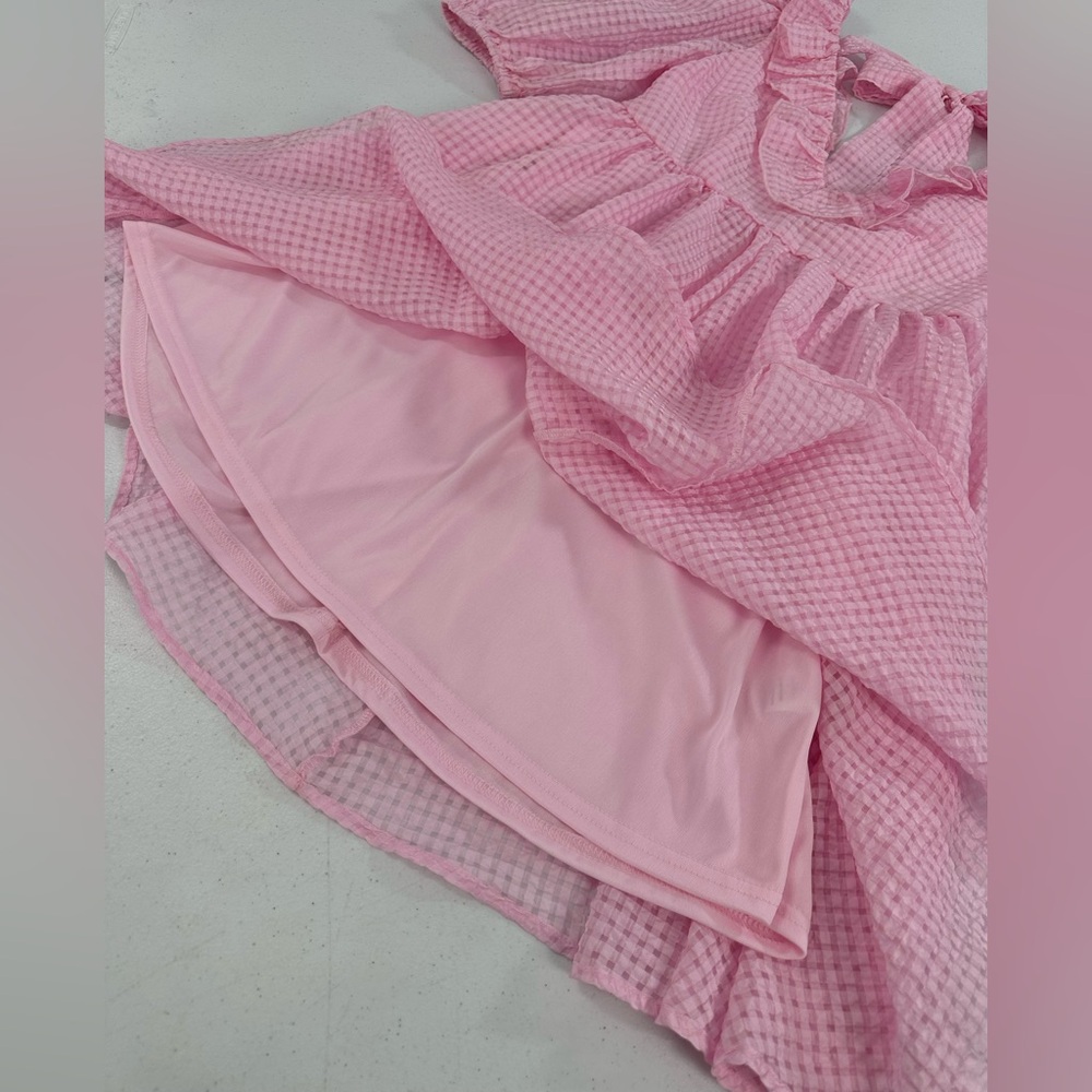 Mable Pink Gingham Puff Sleeve Ruffle Tie Back Mini Dress Coquette Romantic S - Picture 9 of 13